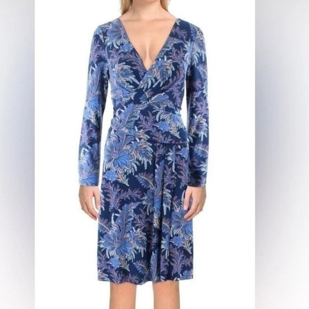 Lauren Ralph Lauren Blue Floral Long‎ Sleeve Jersey Fit & Flare Dress Size 14